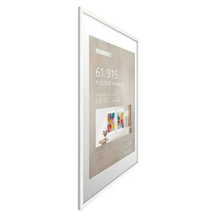 Reinders Holzrahmen - 61 x 91,5 cm, Weiß - Perspektivische Ansicht eines weißen Reinders Poster-Rahmens der Größe 61 x 91,5 cm, ideal für Poster der Größe 50,70 cm.