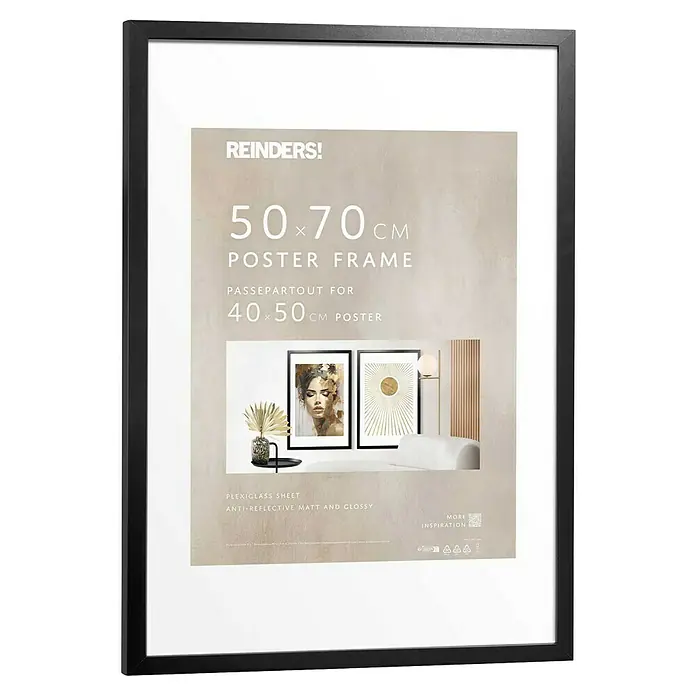 Reinders Holzrahmen - 50 x 70 cm, Schwarz - Schwarzer 50x70 cm Reinders! Bilderrahmen mit Passepartout für ein 40x50 cm Poster, mit entspiegeltem, mattem und glänzendem Plexiglas.