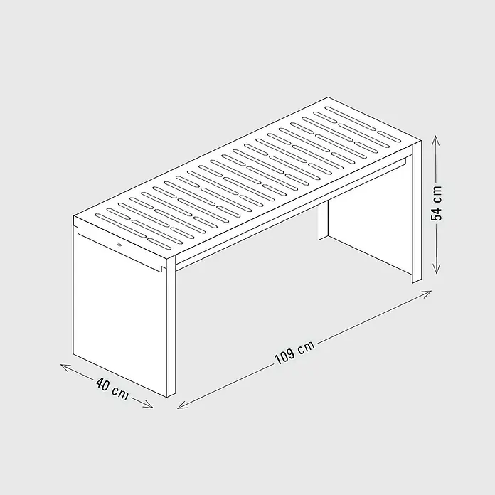 Palatino Gartenbank Bridge - B x T x H: 109 x 40 x 54 cm, Stahl, Weißaluminium - Abbildung einer Gartenbank mit Maßen. Die Bank ist aus Holz und hat eine Lattenstruktur. Sie ist 109 cm lang, 40 cm breit und 54 cm hoch.