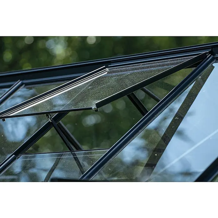 Halls Montageleiste Set - B x L: 12 x 191,2 cm, Passend für: Halls Gewächshaus x mit x m² - Sicherheitsglas, Schwarz - Detailaufnahme der Fenster eines Gewächshauses, die für Belüftung und Temperaturkontrolle sorgen. Die klare Verglasung bietet Einblick in das Innere.