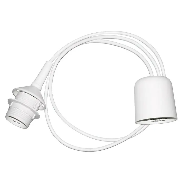 Niermann Pendelleuchte rund - E27 - Nahaufnahme einer weißen Lampenfassung mit Kabel und Aufhängung, ideal für individuelle Lichtgestaltung im Innenbereich.