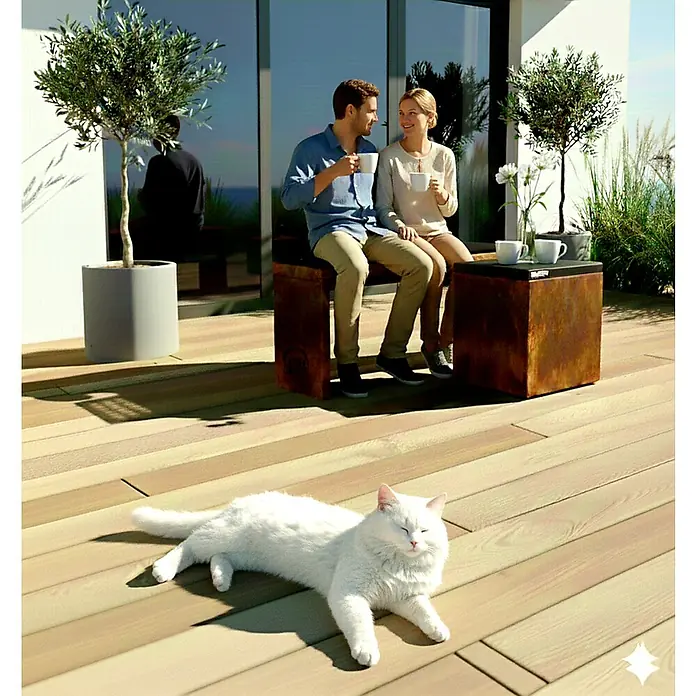 Palatino Gartenbank Bridge - B x T x H: 109 x 40 x 54 cm, Stahl, Rostbraun - Ein stilvolles Außensitzmöbel mit einem Hocker und einer Bank auf einer Holzterrasse mit einem weißen Katze im Vordergrund.