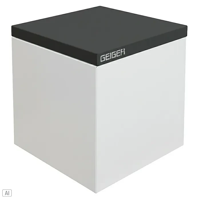 Palatino Tischplatte / Auflage Top - L x B x H: 60 x 60 x 6 cm, Stahl, Anthrazit - Der abgebildete Geiger-Würfel hat eine schwarze Oberseite mit dem Schriftzug "GEIGER" und einen weißen Korpus. Ein schlichtes, modernes Möbelstück.