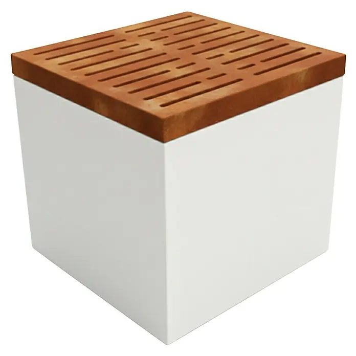 Palatino Sitzauflage Point - L x B: 50 x 50 cm, Stahl, Rostbraun - Moderne Messerblock mit einer weißen Basis und einer Terrakottafarbenen Oberfläche mit Schlitzen zur Aufbewahrung von Messern.