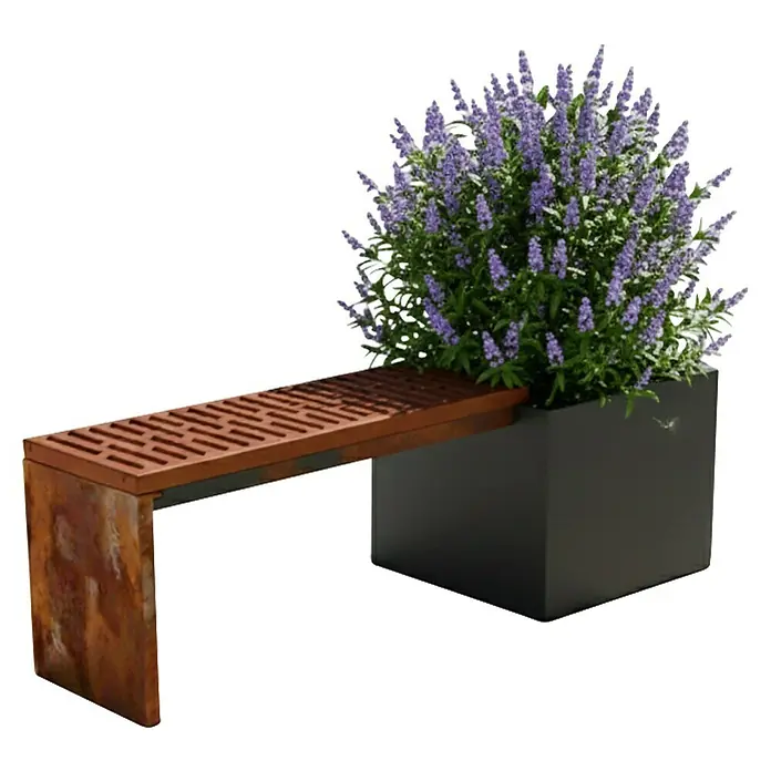 Palatino Bankauflage Bridge - L x B x H: 69 x 40 x 4 cm, Cortenstahl - Stilvolle Bank mit integriertem Pflanzgefäß. Die Bank hat eine rostige Optik und ist mit einem quadratischen, anthrazitfarbenen Topf kombiniert.