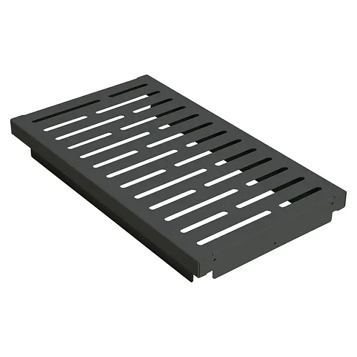 Palatino Bankauflage Bridge - L x B x H: 69 x 40 x 4 cm, Anthrazit - Eine graue Lochblechwanne mit Schlitzen auf schwarzem Hintergrund. Das Produkt bietet eine robuste und vielseitige Lösung für verschiedene Anwendungen.