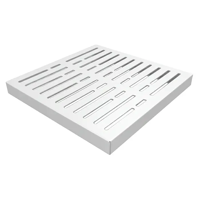 Palatino Sitzauflage Point - L x B x H: 60 x 60 x 6 cm, Weiß - Nahaufnahme eines quadratischen, weißen Abluftgitters mit länglichen Schlitzen, ideal für Badezimmer oder Sanitäranlagen.