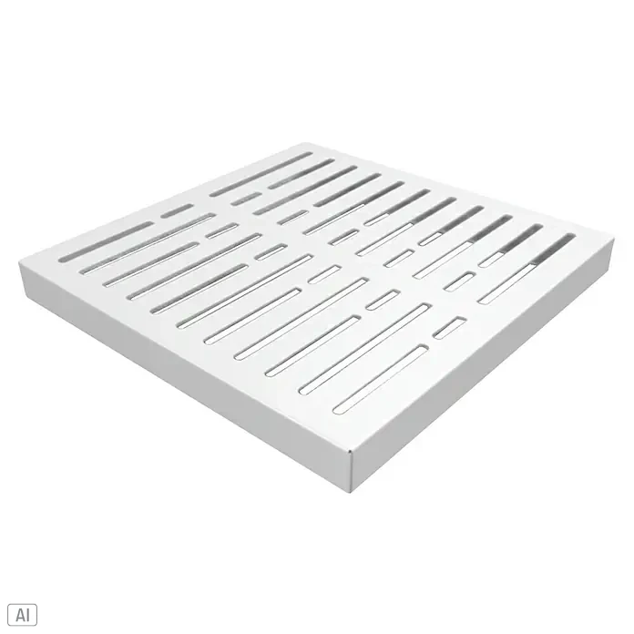Palatino Sitzauflage Point - L x B: 60 x 60 cm, Stahl, Weiß - Nahaufnahme eines quadratischen, weißen Abluftgitters mit länglichen Schlitzen, ideal für Badezimmer oder Sanitäranlagen.