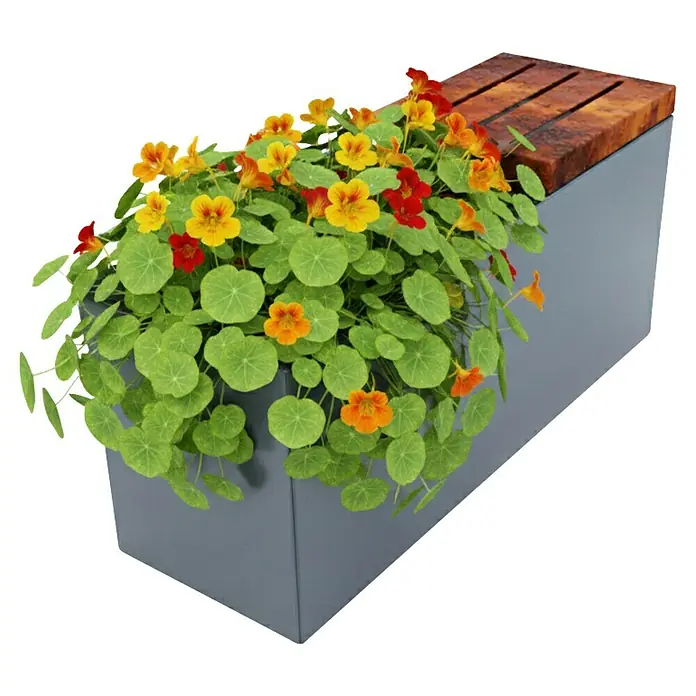 Palatino Sitzauflage Point - L x B: 50 x 40 cm, Rostbraun - Bild einer Bank mit einem integrierten Blumenkasten, der mit bunten Blumen bepflanzt ist. Die Bank hat eine Holzoberfläche und der Kasten ist grau.