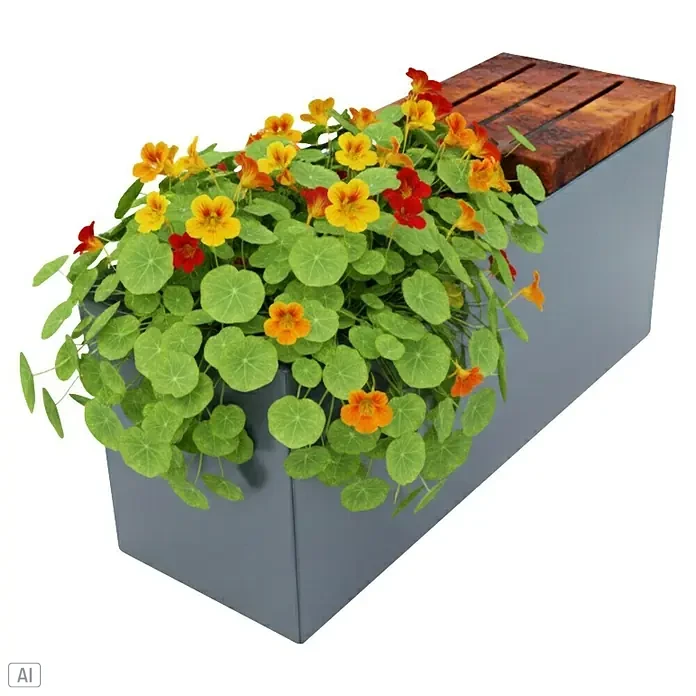 Palatino Sitzauflage Point - L x B: 50 x 40 cm, Rostbraun - Bild einer Bank mit einem integrierten Blumenkasten, der mit bunten Blumen bepflanzt ist. Die Bank hat eine Holzoberfläche und der Kasten ist grau.