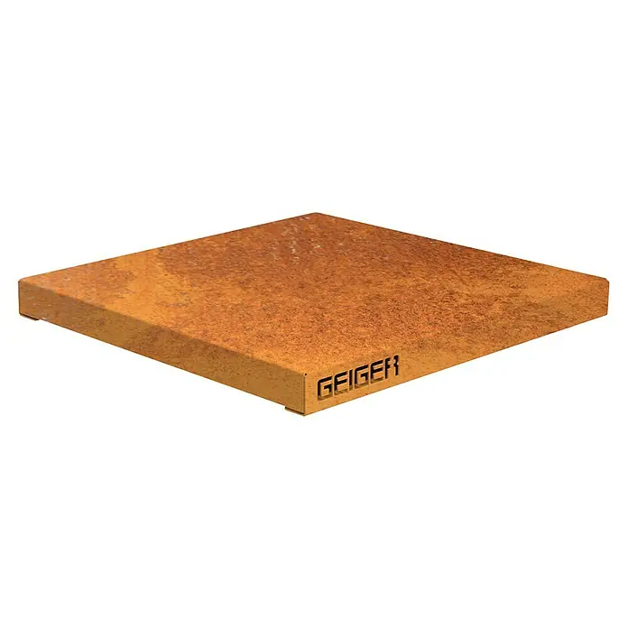 Palatino Tischplatte / Auflage Top - L x B x H: 60 x 60 x 6 cm, Stahl, Rostbraun - Ein rechteckiges, rostfarbenes Stahlprodukt der Marke Geiger mit sichtbarer Textur, ideal für den Außenbereich und mit robustem Design.