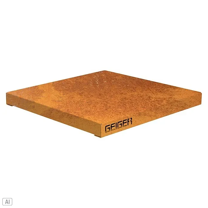 Palatino Tischplatte / Auflage Top - L x B x H: 60 x 60 x 6 cm, Stahl, Rostbraun - Ein rechteckiges, rostfarbenes Stahlprodukt der Marke Geiger mit sichtbarer Textur, ideal für den Außenbereich und mit robustem Design.