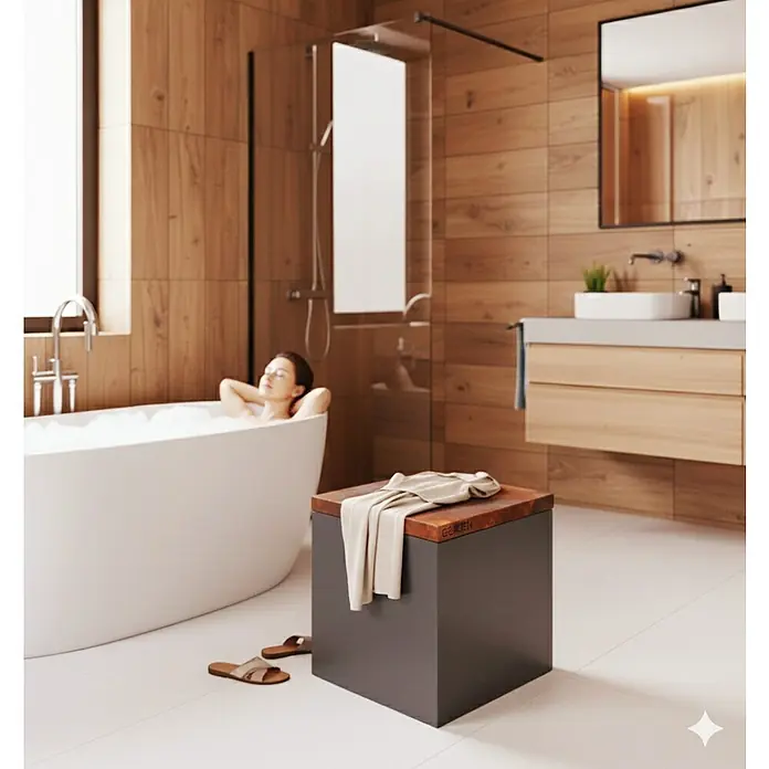 Palatino Tischplatte / Auflage Top - L x B x H: 60 x 60 x 6 cm, Stahl, Rostbraun - Badzimmer-Szene mit einem grauen Würfelhocker mit Holzplatte, der Handtücher und Pantoffeln trägt, und einer Frau, die in der Badewanne entspannt.