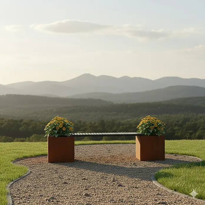 Palatino Bankauflage Bridge - L x B x H: 109 x 40 x 4 cm, Anthrazit - Sitzbank mit Blumenkästen und gelben Blumen auf Kiesweg mit Blick auf bewaldete Hügel im Hintergrund.