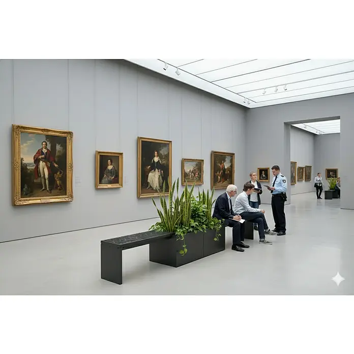 Palatino Bankauflage Bridge - L x B x H: 109 x 40 x 4 cm, Anthrazit - Gemäldegalerie mit Besuchern vor einer Akzentbank mit integriertem Pflanzgefäß, das dem Raum ein natürliches Element verleiht.