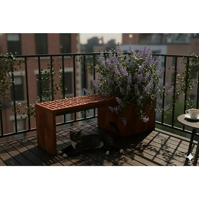 Palatino Bankauflage Bridge - L x B x H: 109 x 40 x 4 cm, Cortenstahl - Aufnahme einer Bank mit Pflanzgefäß auf einem Balkon mit einer Katze, die darunter liegt. Die Holzbank bietet einen schattigen Platz.