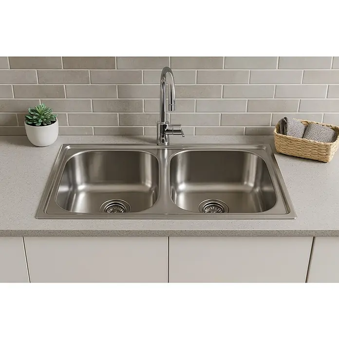 Smeg Fregadero encastrable LYP792 - 50 x 79 cm, Acero inoxidable - Fregadero de doble seno con grifo, decoración y toallas. El fregadero es de acero inoxidable y la encimera es gris claro.
