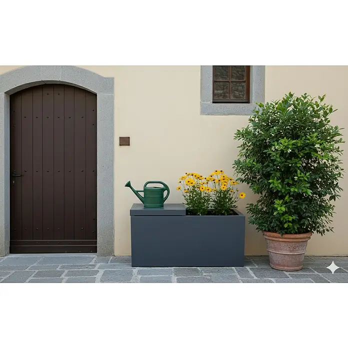 Palatino Sitzauflage Point - L x B: 50 x 40 cm, Anthrazit - Das Bild zeigt einen grauen Pflanzkasten mit gelben Blumen und einer grünen Gießkanne, der eine rustikale und dennoch stilvolle Gartendekoration bietet.