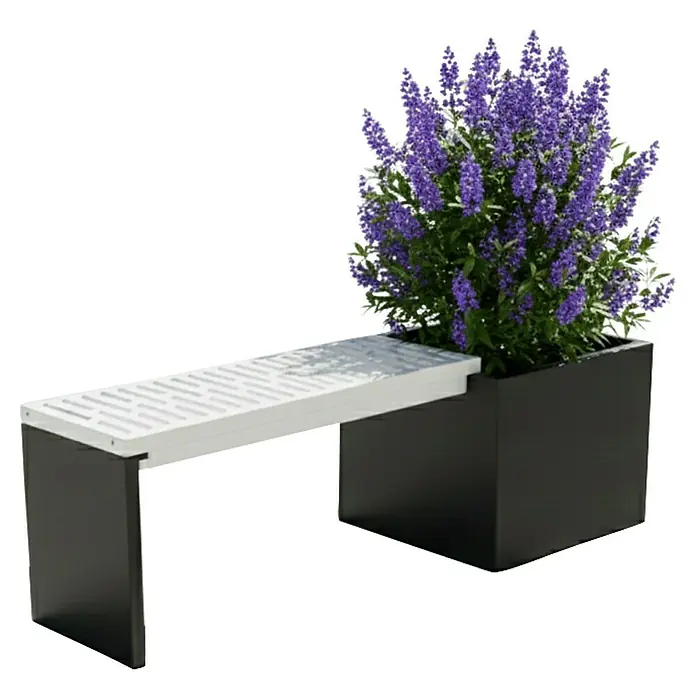 Palatino Stütze für modulare Gartenbank Bridge - L x B x H: 54 x 39 x 4 cm, Stahl, Anthrazit - Eine moderne Sitzbank mit integriertem Pflanzkasten, bepflanzt mit üppigen violetten Blumen, ideal für stilvolle Außenbereiche.