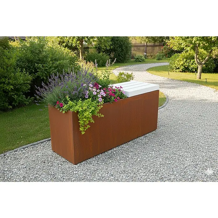 Palatino Sitzauflage Point - L x B: 50 x 40 cm, Weiß - Dekorative Rostoptik-Pflanzbank mit integrierter Sitzfläche, ideal für den Garten oder die Terrasse. Die Bepflanzung mit Lavendel und bunten Blumen sorgt für einen Blickfang.