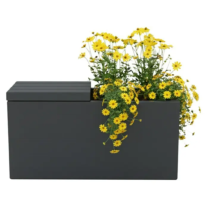 Palatino Sitzauflage Point - L x B: 50 x 40 cm, Anthrazit - Ein grauer Pflanzkasten mit gelben Gänseblümchen darauf. Der Kasten hat ein modernes Design und ist ideal für den Außenbereich.