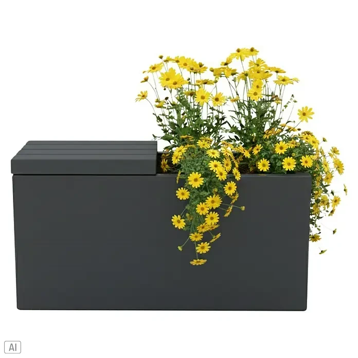 Palatino Sitzauflage Point - L x B: 50 x 40 cm, Anthrazit - Ein grauer Pflanzkasten mit gelben Gänseblümchen darauf. Der Kasten hat ein modernes Design und ist ideal für den Außenbereich.