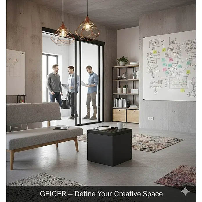 Palatino Tischplatte / Auflage Top - L x B x H: 50 x 50 x 6 cm, Stahl, Anthrazit - Ein modernes Büro mit einem grauen Sofa, einem schwarzen Hocker und einer Whiteboard-Wand. Perfekt für kreatives Arbeiten und Brainstorming.