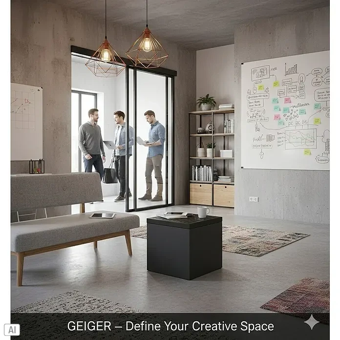 Palatino Tischplatte / Auflage Top - L x B x H: 50 x 50 x 6 cm, Stahl, Anthrazit - Ein modernes Büro mit einem grauen Sofa, einem schwarzen Hocker und einer Whiteboard-Wand. Perfekt für kreatives Arbeiten und Brainstorming.