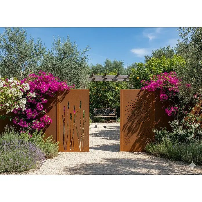 Palatino Space Vertical Sichtschutzelement Orbis - 87 x 180 cm, Edelrost, Orbis - Gartentor aus Cortenstahl mit floralen Ausschnitten, umrankt von Bougainvillea, führt zu einer idyllischen Gartenbank unter einer Pergola.