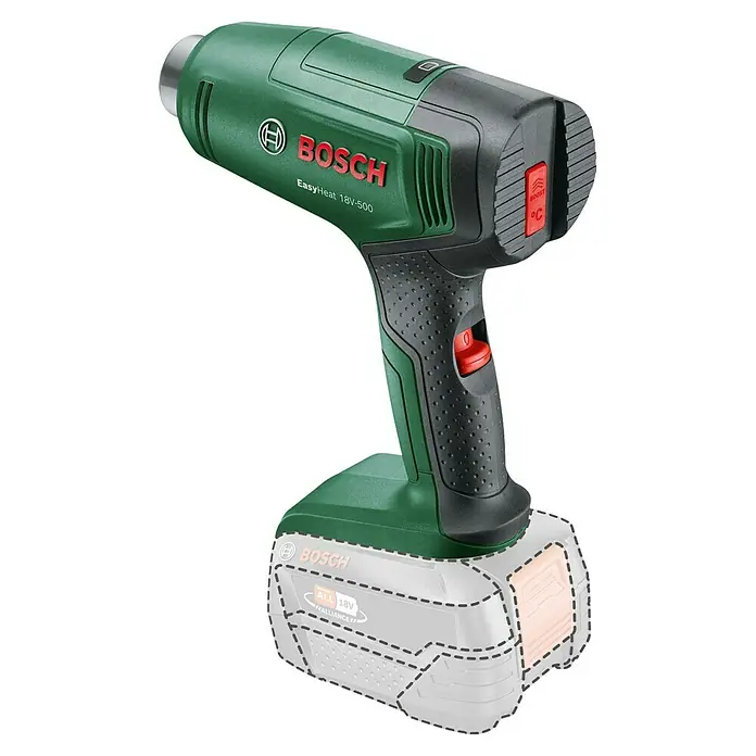 Bosch Power for All 18V Akku-Heißluftgebläse EasyHeat 18V-500 - 18 V, Ohne Akku, Temperaturbereich: 350 °C - 450 °C - Akkubetriebene Heißluftpistole Bosch EasyHeat 18V-500 mit grün-schwarzem Design. Ideal für Heimwerker- und Bastelprojekte.