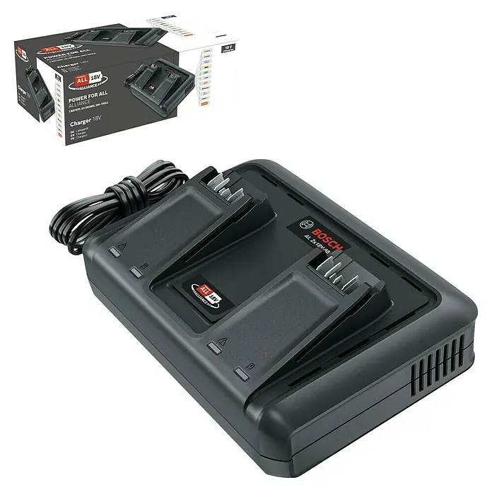 Bosch Akku-Ladegerät AL 2x18V-88 - 14,4 V - 18 V - Das Bild zeigt ein Bosch AL 2x18V-RB Ladegerät mit der zugehörigen Produktverpackung, das für Akkus der Power-for-All-Allianz geeignet ist.