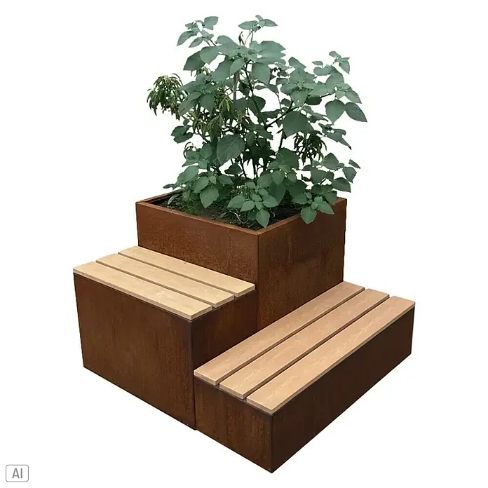 Palatino Hochbeet Schatzinsel mit Sitzbank - 120 x 120 x 75 cm, Cortenstahl, Rostbraun - Außenaufnahme einer modernen Sitzgruppe mit Pflanzgefäß aus rostfarbenem Stahl und Holzbänken auf verschiedenen Ebenen.