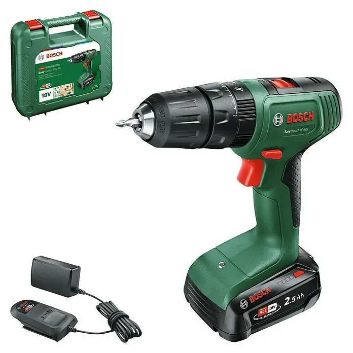 Bosch Power for All 18V Akku-Schlagbohrschrauber EasyImpact 18V-38 - 18 V, 1 Akku, 2,5 Ah, 38 Nm - Akkuschrauber Bosch EasyImpact 18V-38 mit Akku und Ladegerät sowie Transportkoffer. Ein praktisches Werkzeug für Heimwerker.