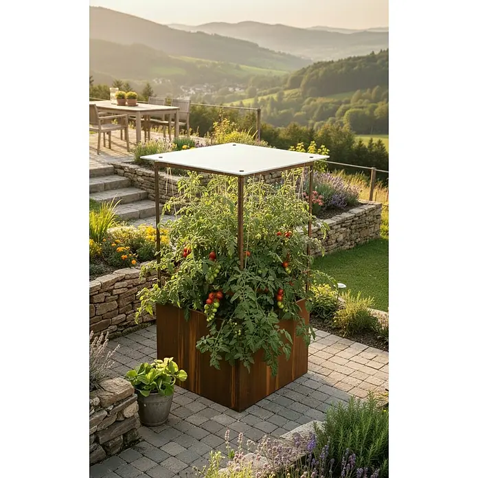 Palatino Hochbeet Home of Tomatoes - 100 x 100 x 183 cm, Cortenstahl, Rostbraun - Das Bild zeigt einen erhöhten Pflanzkasten mit Tomatenpflanzen unter einem weißen Dach, ideal für Garten und Terrasse.