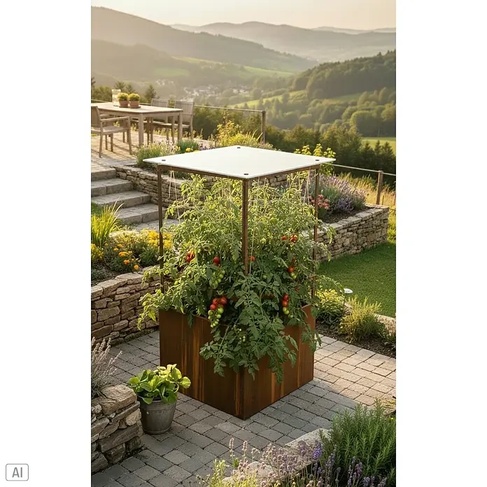 Palatino Hochbeet Home of Tomatoes - 100 x 100 x 183 cm, Cortenstahl, Rostbraun - Das Bild zeigt einen erhöhten Pflanzkasten mit Tomatenpflanzen unter einem weißen Dach, ideal für Garten und Terrasse.