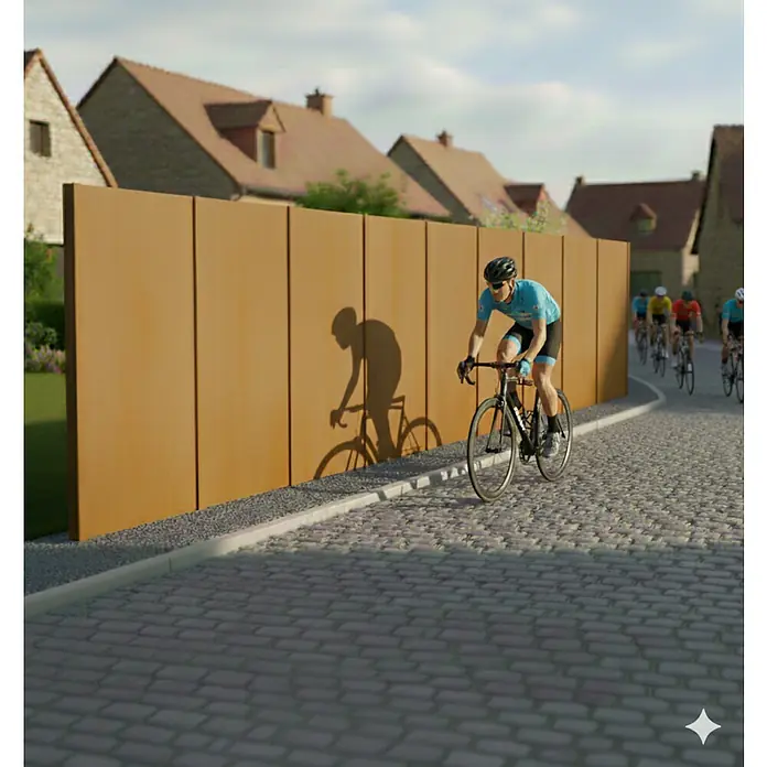 Palatino Space Vertical Zaun-Set Set Uni - 917 x 180 cm, Rost - Szene eines Radrennens mit Radfahrern auf einer Kopfsteinpflasterstraße, umgeben von Gebäuden und einer modernen rostfarbenen Wand.