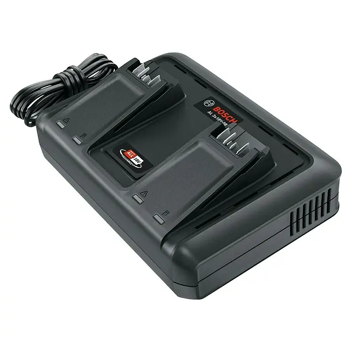 Bosch Akku-Ladegerät AL 2x18V-88 - 14,4 V - 18 V - Das Bild zeigt ein Bosch AL 2x18V-R8 Doppelladegerät, mit dem zwei Akkus gleichzeitig geladen werden können.