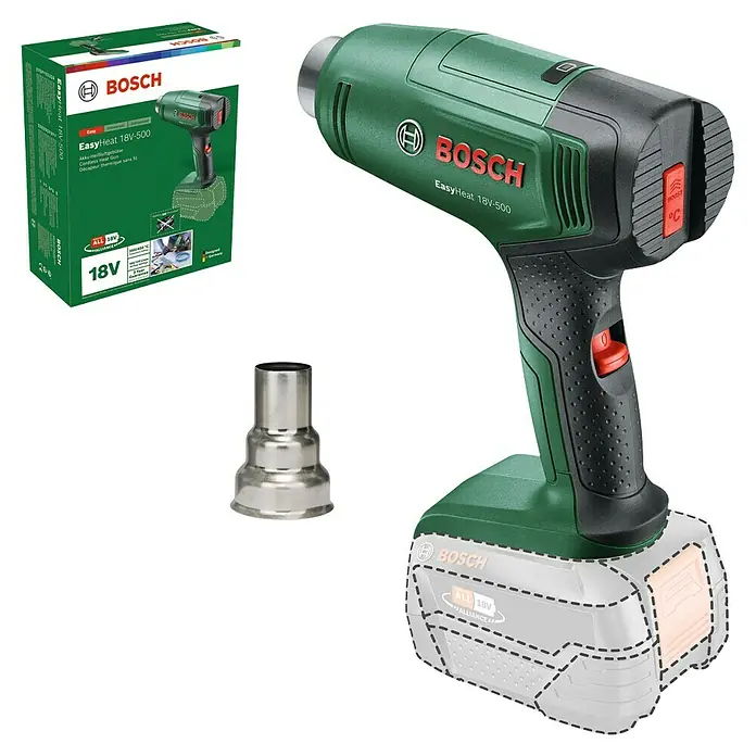 Bosch Power for All 18V Akku-Heißluftgebläse EasyHeat 18V-500 - 18 V, Ohne Akku, Temperaturbereich: 350 °C - 450 °C - Bosch EasyHeat 18V-500 Akku-Heißluftpistole mit Zubehör und Akku-Darstellung – ein vielseitiges Werkzeug für Heimwerker und Profis.