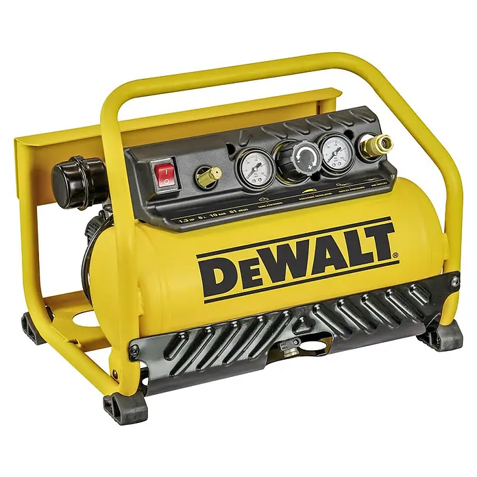 DeWalt Kompressor DXCMS156RE - 1,3 W, Max. Druck: 10 bar - Hier ist ein gelber DeWalt-Luftkompressor, der für den Einsatz in Werkstätten oder auf Baustellen konzipiert ist.