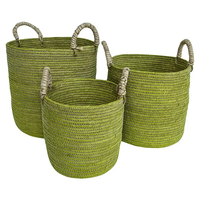 Korb Batna - Ø x H: 24 x 29 cm, Limette - Drei grüne Körbe mit Griffen in verschiedenen Größen. Ideal für die Aufbewahrung und Dekoration im Haus.
