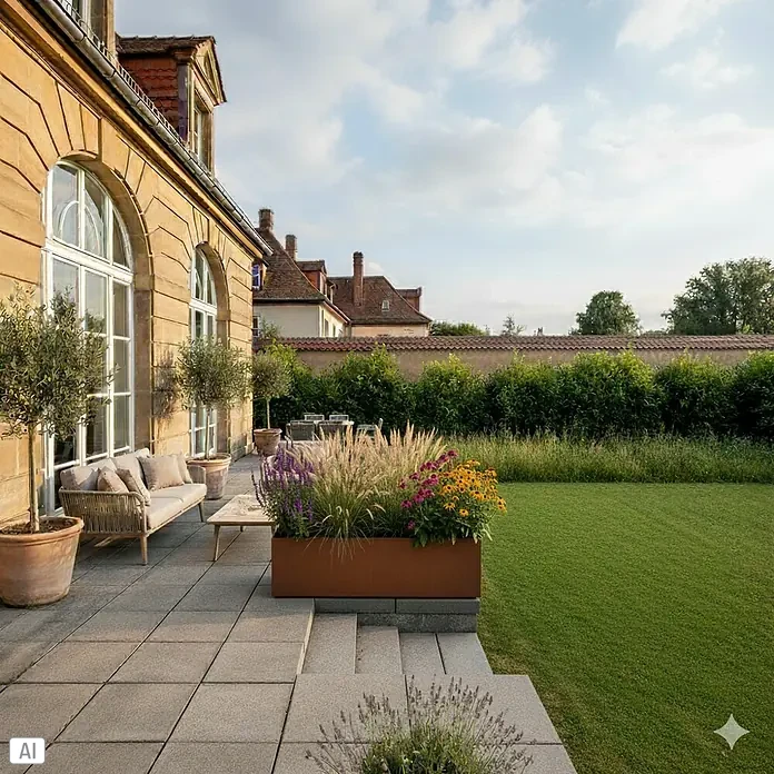 Palatino Exclusive Line Pflanzkasten Lotte - 100 x 40 x 50 cm, Cortenstahl, Rotbraun - Ein rechteckiger Pflanzkasten mit dekorativen Gräsern und Blumen schmückt die Terrasse und verleiht dem Außenbereich eine natürliche Note.