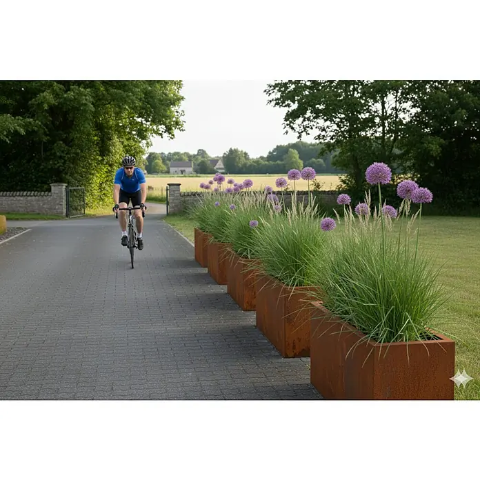 Palatino Exclusive Line Pflanzkasten Lotte - 120 x 40 x 50 cm, Cortenstahl, Rotbraun - Radfahrer fährt an rechteckigen Pflanzgefäßen aus Cortenstahl vorbei, die mit Zierlauch und Gräsern bepflanzt sind, entlang eines gepflasterten Weges.