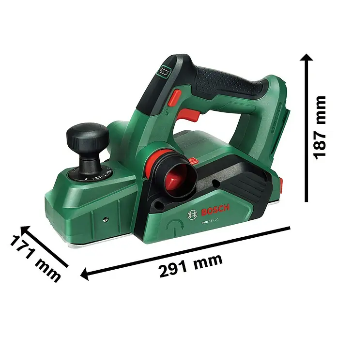 Bosch Power for All 18V Akku-Handhobel PHO 18V-20 - 18 V, Ohne Akku, Hobelbreite: 82 mm - Das Bild zeigt einen grünen Bosch PHO 18V-20 Elektrohobel mit Maßangaben.