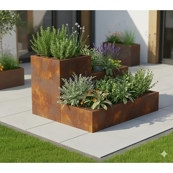Palatino Kräuterspirale Limax One - 100 x 150 x 75 cm - Dieses Bild zeigt einen dreistufigen Pflanzkasten aus Cortenstahl mit verschiedenen Pflanzen in einem Garten.