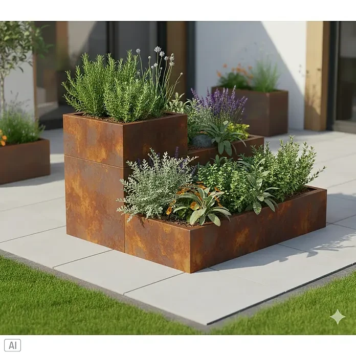 Palatino Kräuterspirale Limax One - 100 x 150 x 75 cm - Dieses Bild zeigt einen dreistufigen Pflanzkasten aus Cortenstahl mit verschiedenen Pflanzen in einem Garten.