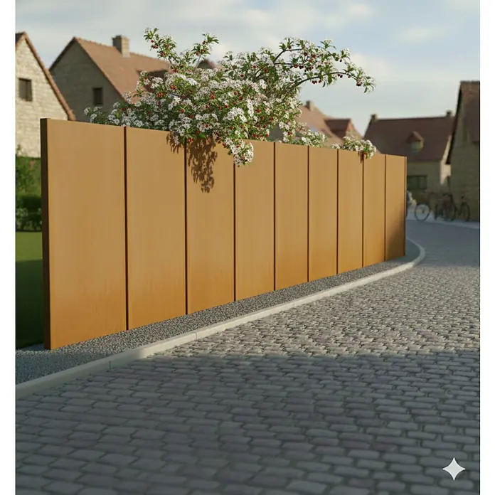 Palatino Space Vertical Zaun-Set Set Uni - 966 x 180 cm, Rost - Eine moderne Cortenstahl-Gartenmauer mit blühenden Pflanzen, die eine stilvolle und natürliche Privatsphäre schafft.