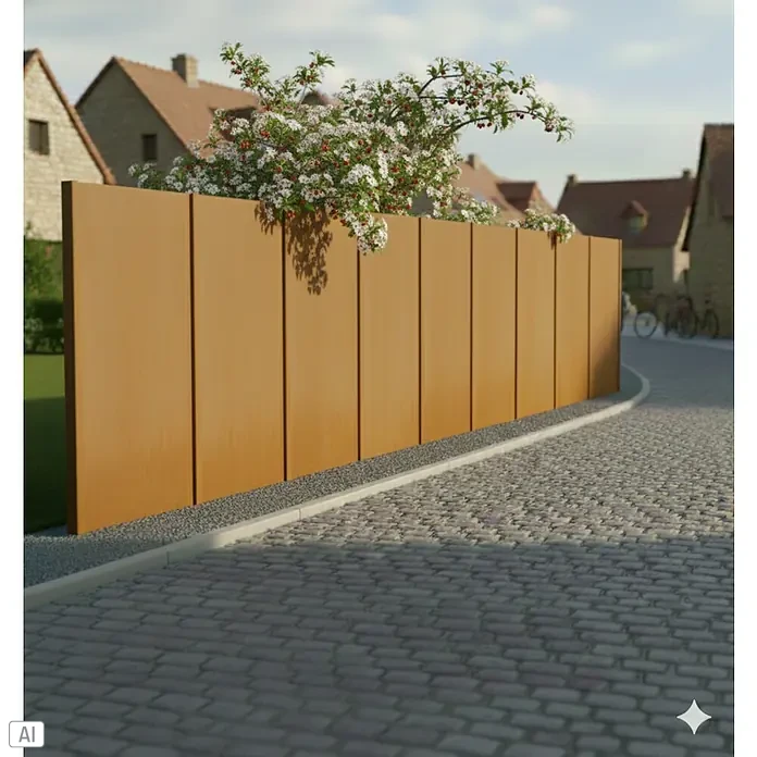 Palatino Space Vertical Zaun-Set Set Uni - 966 x 180 cm, Rost - Eine moderne Cortenstahl-Gartenmauer mit blühenden Pflanzen, die eine stilvolle und natürliche Privatsphäre schafft.