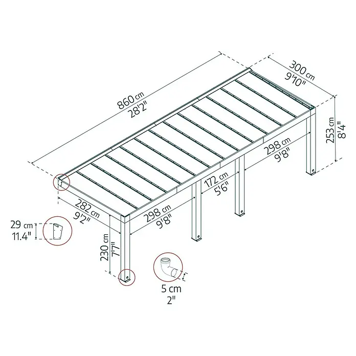 Palram – Canopia Terrassenüberdachung Helsinki - B x T: 860 x 300 cm, Braun, Polycarbonat, Solargrau - Technische Zeichnung einer Terrassenüberdachung mit Maßangaben in cm und Zoll für Bau oder Montage.