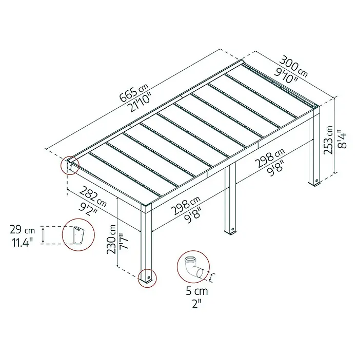 Palram – Canopia Terrassenüberdachung Helsinki - B x T: 665 x 300 cm, Braun, Polycarbonat, Solargrau - Eine schematische Darstellung eines Tisches mit Maßangaben in Zentimetern und Zoll, um seine Dimensionen hervorzuheben.