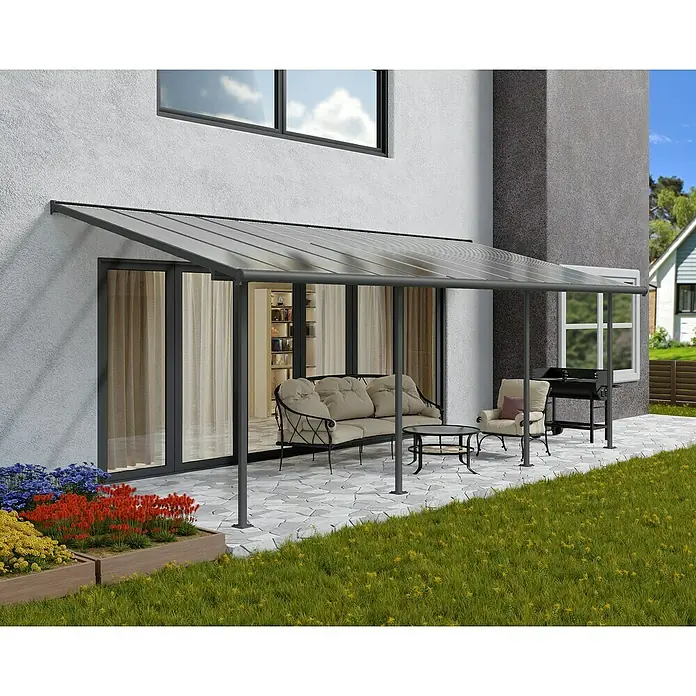 Palram – Canopia Terrassenüberdachung Sierra - B x T: 739 x 299 cm, Anthrazitgrau, Polycarbonat, Klar - Überdachter Terrassenbereich mit Sitzgelegenheiten und Grill. Die Terrassenüberdachung bietet Schutz und Komfort im Freien.
